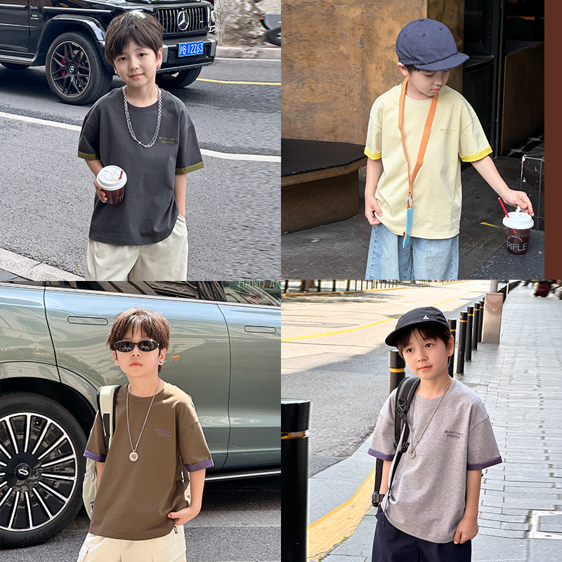 依依妈男童撞色全棉字母短袖t恤