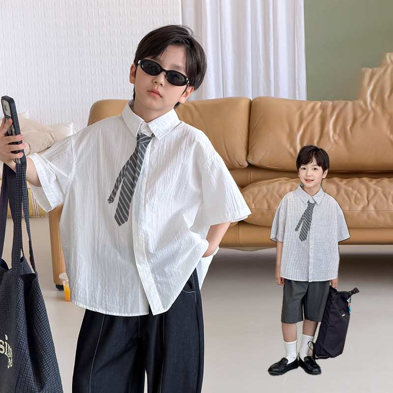 依依妈男童学院风纯色翻领短袖衬衫儿童夏装薄款宝宝宽松休闲打底
