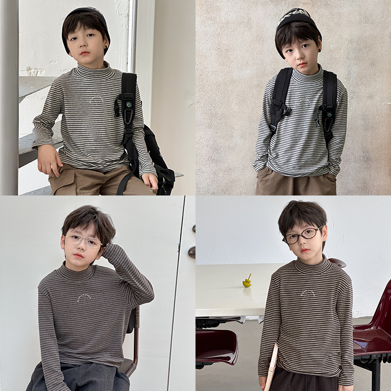 依依妈男童条纹中高领高弹打底衫儿童秋装宝宝宽松休闲长袖t恤潮