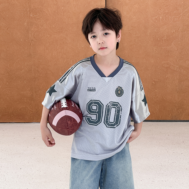 男童字母数字网眼拼接短袖t恤