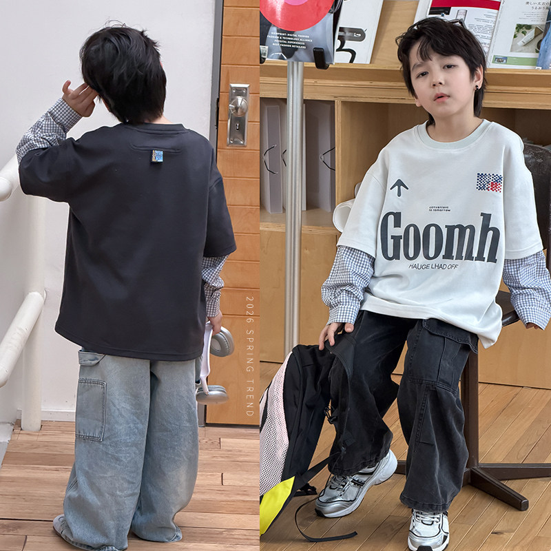 依依妈男童格子袖假两件长袖t恤儿童春装宝宝宽松休闲字母打底衫