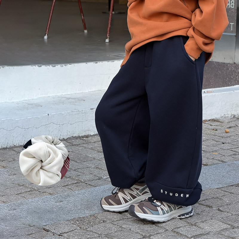 依依妈男童拼接束脚加绒卫裤儿童冬装宝宝直筒奥粒绒运动休闲裤潮