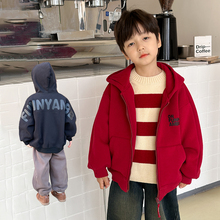 依依妈男童加绒连帽开衫卫衣儿童冬装宝宝字母加厚外套红色拜年服
