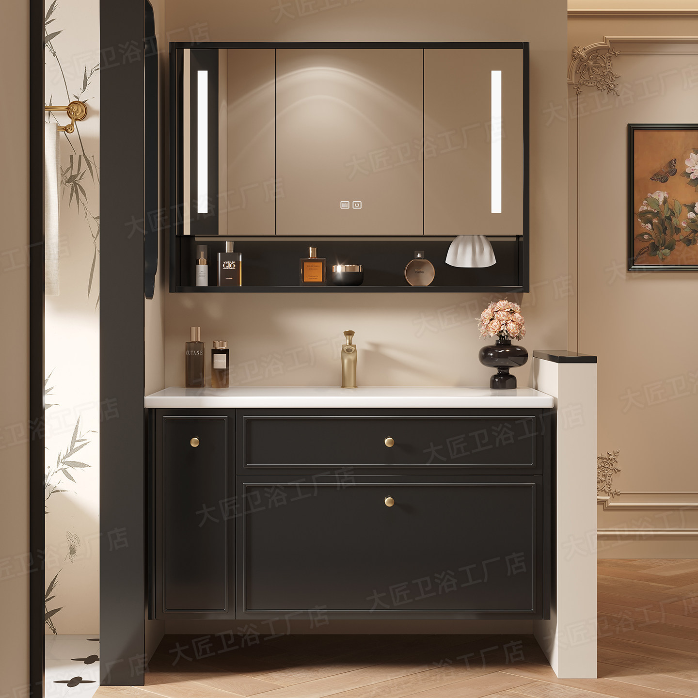 法式复古实木浴室柜组合卫生间中古风一体陶瓷盆洗脸洗漱台卫浴柜