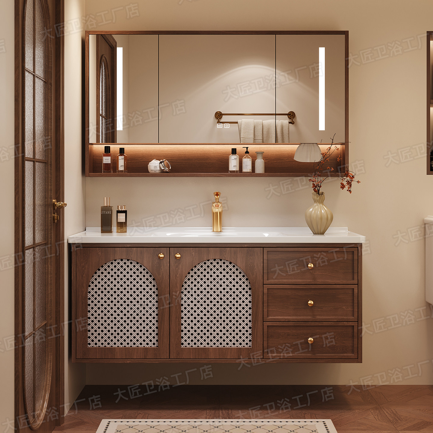 宋氏美学中古风橡木浴室柜组合智能卫生间洗漱台一体陶瓷盆洗脸盆