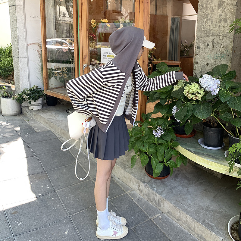 韩版时尚撞色条纹连帽卫衣女2025春秋季新款宽松显瘦休闲减龄上衣,女装短外套,2C311