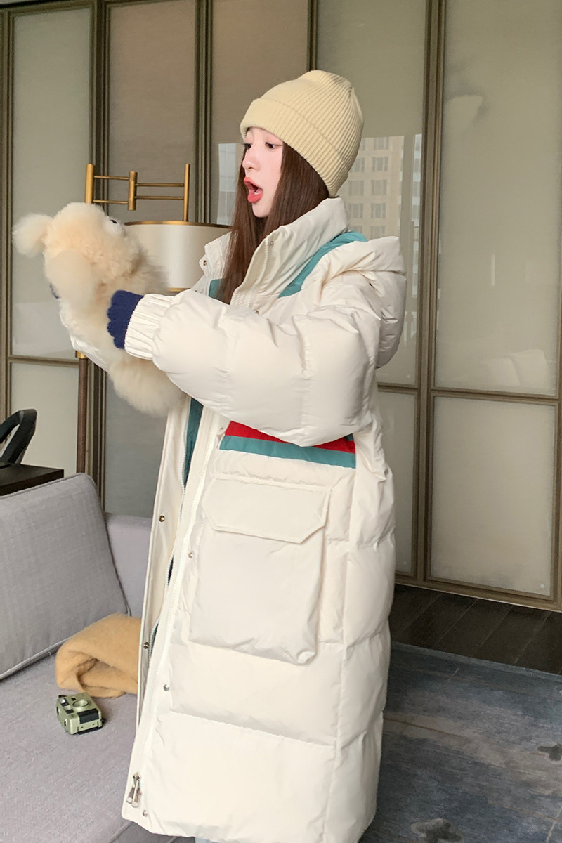新款冬季90白鸭绒中长款韩版拼色连帽米白羽绒服P310K469,女装羽绒服,2C311