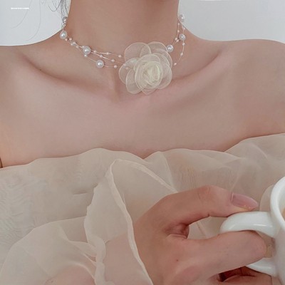 花朵珍珠锁骨链女设计感项链choker脖颈链装饰