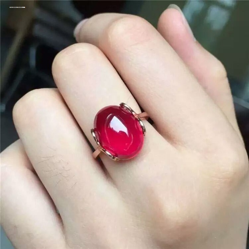 S925银红玉髓女士戒指个性开口仿红玛瑙宝石指环不掉色
