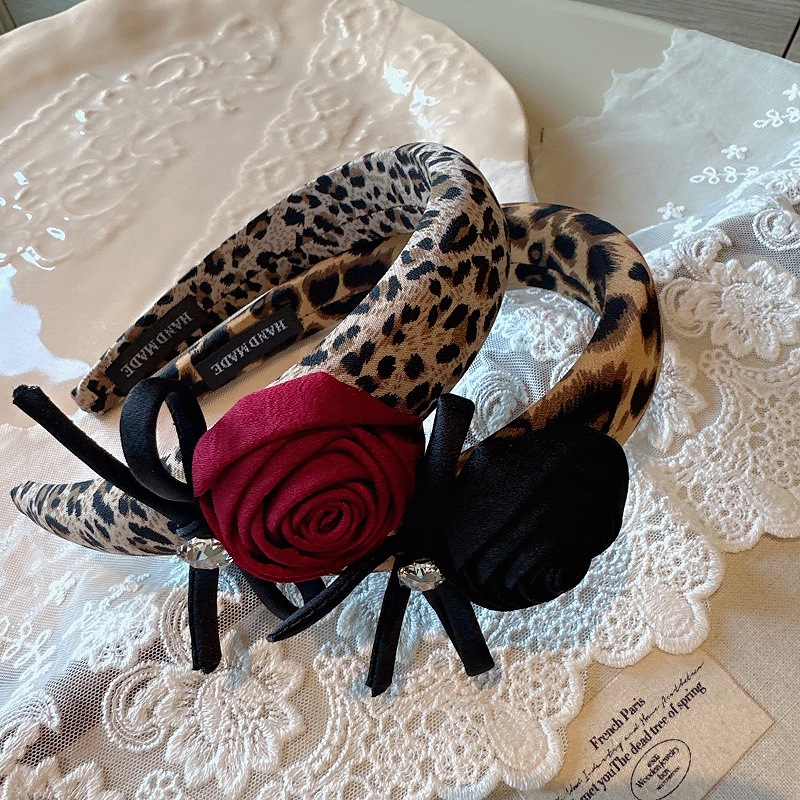 复古时髦豹纹玫瑰花高颅顶发箍