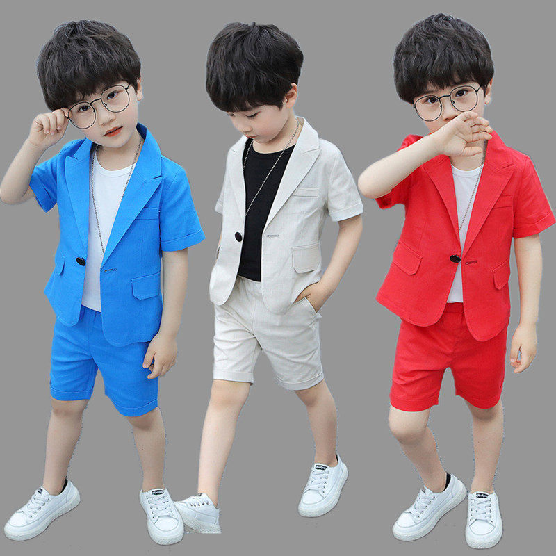 夏季男童礼服西服帅气小男孩短袖西装套装休闲主持走秀儿童演出服