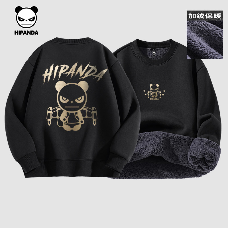 Hipanda你好熊猫加厚加绒保暖烫金圆领卫衣2025冬季新款男套头衫C