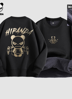 Hipanda你好熊猫加厚加绒保暖烫金圆领卫衣2025冬季新款男套头衫C