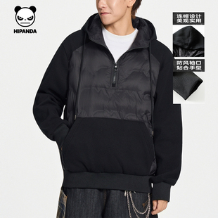 Hipanda你好熊猫美式拼接设计感半拉链连帽羽绒服男2025冬季新款