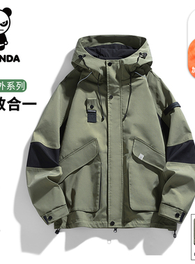Hipanda你好熊猫秋冬季夹克男士加绒加厚保暖连帽冲锋衣外套GH