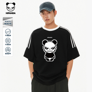 T恤男2025夏款 Hipanda你好熊猫学院风插肩双杠美式 宽松纯棉短袖