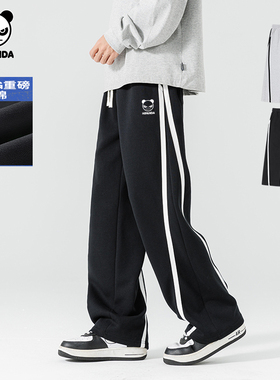 Hipanda你好熊猫美式侧分条纹撞色休闲裤2025秋季新款潮男阔腿裤