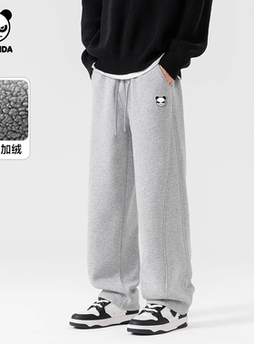 Hipanda你好熊猫2025冬季新款加绒弯刀裤男直筒裤阔腿裤卫裤长裤
