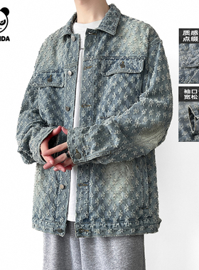 Hipanda你好熊猫潮牌复古提花满印牛仔夹克2026春款复古外套男