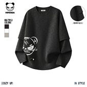 Hipanda你好熊猫潮牌复古做旧蜡染假两件长袖 T恤男2026春新款 体恤