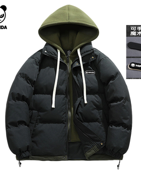 Hipanda你好熊猫假两件连帽撞色棉服2025冬季新款情侣短款面包服