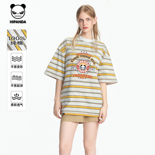 情侣T恤C 女2025夏新款 Hipanda你好熊猫美式 条纹复古纯棉撞色短袖