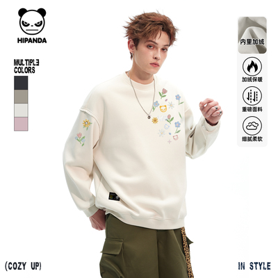 Hipanda你好熊猫加绒重磅保暖圆领复古潮牌卫衣情侣2025冬季新款