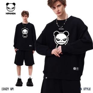 Hipanda你好熊猫痞帅美式无性别潮牌圆领卫衣2026春季新款像素风