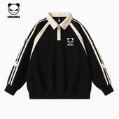 Hipanda你好熊猫潮牌美式 拼色时尚 翻领卫衣男上衣2026春POLO卫衣