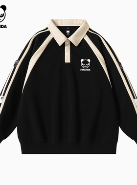 Hipanda你好熊猫潮牌美式拼色时尚翻领卫衣男上衣2025冬POLO卫衣