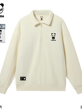 Hipanda你好熊猫复古加绒保暖翻领半拉链提花卫衣2025冬新款上衣