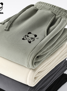 Hipanda你好熊猫双面加绒保暖防风束脚裤2025冬季新款男休闲长裤