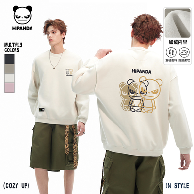 Hipanda你好熊猫加绒个性美式圆领卫衣情侣2025冬季新款潮套头衫C