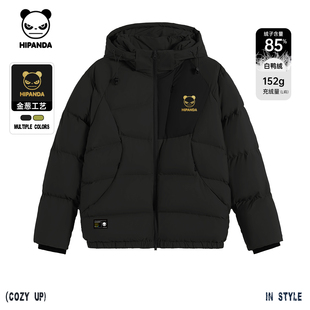 Hipanda你好熊猫潮牌撞色白鸭绒保暖加厚连帽羽绒服2025冬季新款