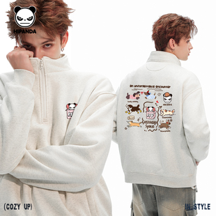 Hipanda你好熊猫加绒设计感立领半拉链卫衣男2025冬新款时尚上衣