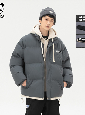 Hipanda你好熊猫假两件立领棉服男连帽防寒外套2025年冬季新款
