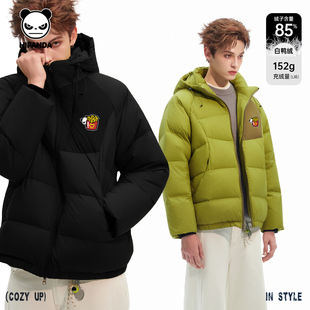 Hipanda你好熊猫个性撞色拼接保暖连帽中长款羽绒服男2025冬新款C