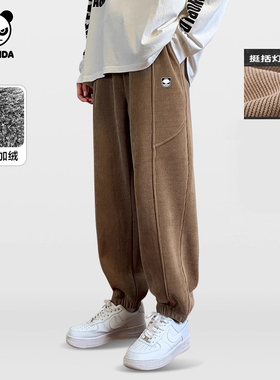 Hipanda你好熊猫加绒雪尼尔长裤男2025冬季潮牌男生休闲裤束脚裤