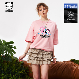 Hipanda你好熊猫高级满天星闪钻宽松纯棉短袖 情侣T恤2025夏新款
