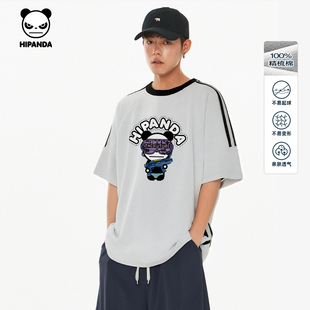 半袖 新款 T恤2025夏季 Hipanda你好熊猫国潮纯棉落肩宽松拼接短袖