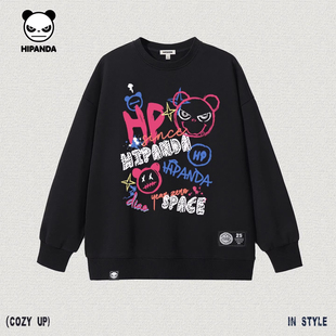 Hipanda你好熊猫潮街头美式涂鸦加绒圆领卫衣男2025冬季新款套头