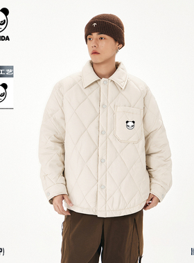 Hipanda你好熊猫高级菱形格纹理设计翻领棉服外套男2025冬季新款