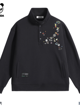 Hipanda你好熊猫个性小众痞帅美式立领卫衣男2025秋季新款套头衫C