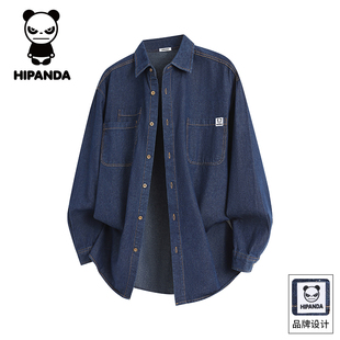 翻领休闲长袖 男士 衬衣外套男GH 复古牛仔衬衫 Hipanda你好熊猫秋季