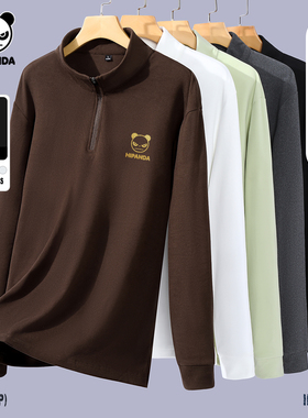 Hipanda你好熊猫设计感半拉链加绒保暖长袖T恤男2025冬季新款打底