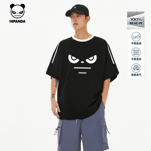 Hipanda你好熊猫潮牌双杠双纱纯棉透气宽松短袖 T恤男2025夏新款