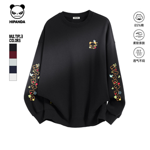 Hipanda你好熊猫潮牌复古花朵logo时尚圆领卫衣情侣2026春季新款