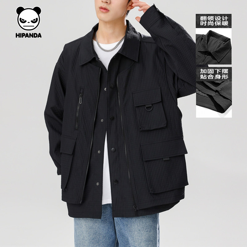 Hipanda你好熊猫翻领夹克男潮牌多口袋设计感外套黑色2026春季款,男装,夹克,淘宝优惠券,粉丝福利购,淘宝优惠卷