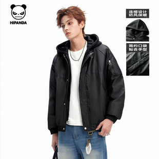 Hipanda你好熊猫连帽短款羽绒服男防风保暖潮牌外套2025冬季新款