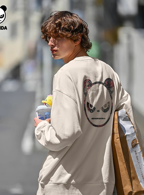 Hipanda你好熊猫迷彩质感高级圆领卫衣2025秋季新款小众无帽长袖